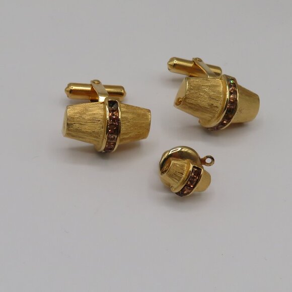 Christian Dior Vintage Art Deco Cufflinks and Tie Tac Set Gold Tone Rhinestone - Picture 2 of 11